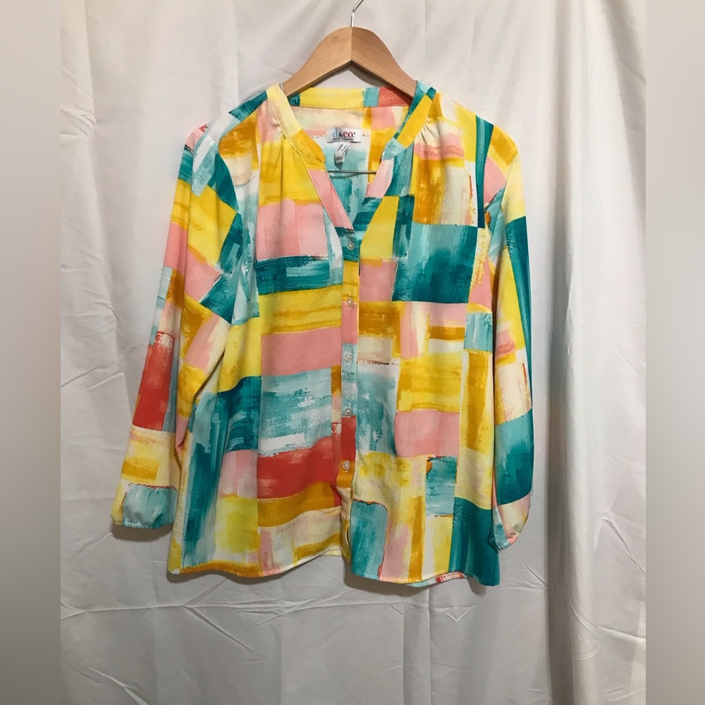 Denim & Company Large Colorblock Brushstroke Button-Front Blouse - Multicolor